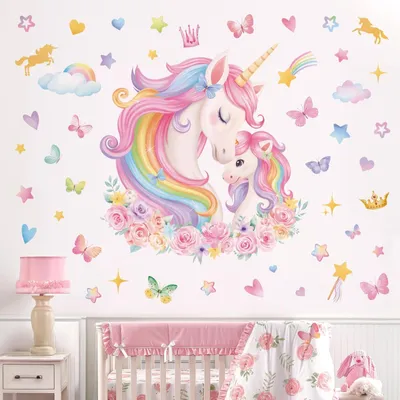 Image de Elzusha - Grandes autocollants muraux en forme de licorne pour chambre d'enfant et chambre de bébé