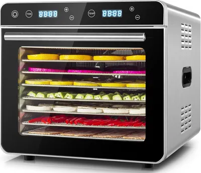 Immagine prodotto di Essiccatore alimentare in acciaio inossidabile, superficie di 0,67 m², dotato di 8 vassoi in acciaio inossidabile, display a LED, timer a 24 ore e temperatura regolabile a 35 °C