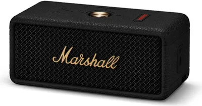 A black Marshall portable Bluetooth speaker with a brass logo.