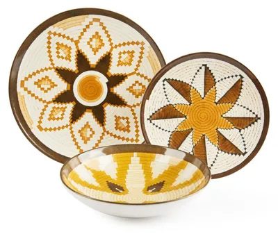 A set of three decorative ceramic bowls and plates with woven patterns.