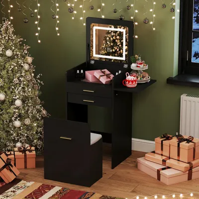 Image de Coiffeuse 3-en-1 Puluomis avec miroir à éclairage LED, commode à 2 tiroirs, tablette rabattable, tabouret avec rangement, table de chevet noire
