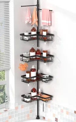 Produktbild von Duschregal ohne Bohren mit 4 Teleskop-Eckablagen | Verstellbar von 64–290 cm, 2 Handtuchhalter 28 cm, Rostfrei, mit Seifenhalter und Haken, Badezimmerregal Schwarz