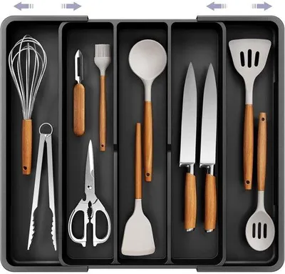 Image de Grand rangement de cuisine - Rangement rabattable pour tiroir - 5 compartiments - Noir - 38 x 5 x 33-57 cm