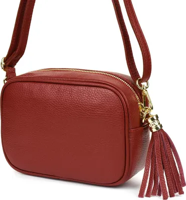 Imagen del producto de Bolso de hombro de cuero italiano con flecos, color burdeos