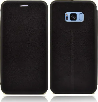 A black flip case for a smartphone is shown from the front and back.