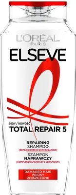 A clear, front-facing studio shot of a L'Oréal Paris Elseve Total Repair 5 shampoo bottle against a white background.