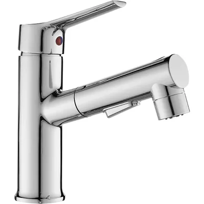 Produktbild von Design Waschtischarmatur, Stehend, Mischbatterie, chrom mit ausziehbarem Auslauf und Ablaufgarnitur