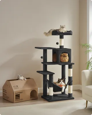 Produktbild von FEANDREA Kratzbaum, 143 cm, Katzenbaum mit Hängematte, Schwarz