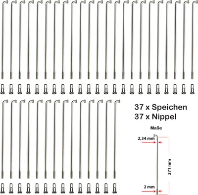 Produktbild von 37 Stück BÜCHEL Speichen 271 mm verstärkt Dickend INOX 2,0/2,34 inkl. Messing Nippel