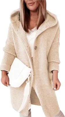 Produktbild von ASKSA Damen Strickjacken Strickmantel Warm Langarm Einfarbig Sweatshirt Grobstrick Hoodie Strickcardigan Mit Kapuze (Aprikose,L)