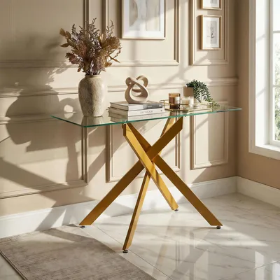 Zdjęcie produktu dla Konsola z blatem z ESG (hartowane szkło) i metalowymi nogami, prostokątny stolik pomocniczy, wymiary: 115 x 45 x 78 cm, kolor: złoty
