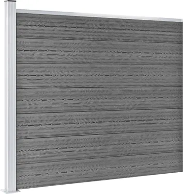 A close-up view of a grey WPC fence element with a silver frame.