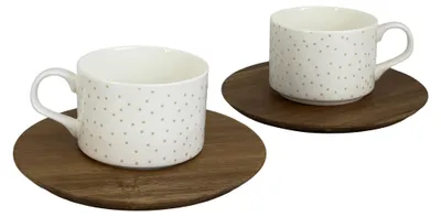Produktbild von 2er-Set – Porzellantasse „Modern Dots“ 150 ml mit Untertasse aus Holz, goldfarben, von inspire