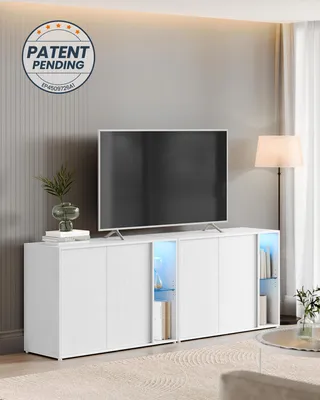 A modern living room with a white sideboard and a TV.