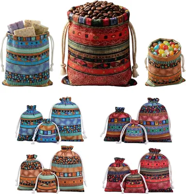 Produktbild von 12 Jutesäckchen in verschiedenen Farben und Größen für Geschenke