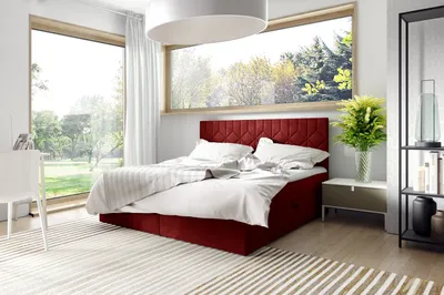 Produktbild von Boxspring Bett mit gestepptem Kopfteil ISAR – 140x200, rot + ER Topper