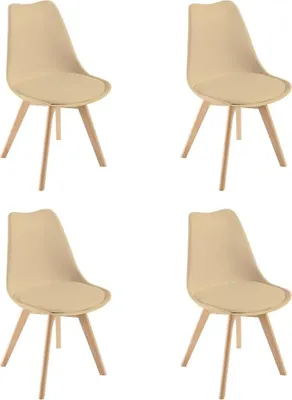 Four beige dining chairs with wooden legs are arranged in a grid against a white background.