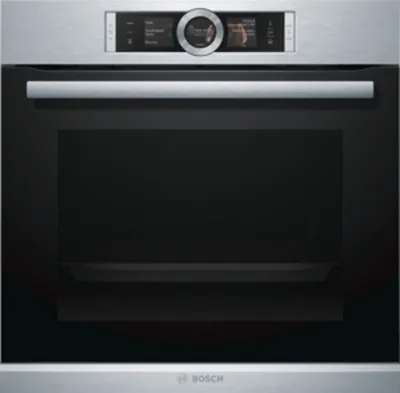 A front view of a modern Bosch oven.