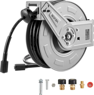 Produktbild von VEVOR Hochdruckreiniger-Schlauchtrommel, 19,8 m x 6,35 mm, Schlauchtaufroller aus Stahl, 220 bar max., automatisches Aufrollen, flexible Wand-/Bodenmontage für Autowäsche, Garten, Bodenreinigung
