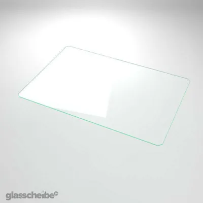 A clear glass sheet with rounded corners on a light gray and white gradient background.