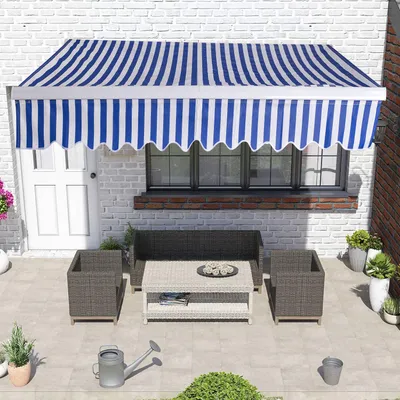 Produktbild von Jopassy Gelenkarmmarkise 350x300cm einziehbare Sonnenmarkise Markise Sonnenschutz Balkonmarkise Gelenkarmmarkise Gelenkarm Sonnenschutz Blau / Weiß