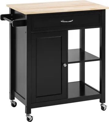 Produktbild von HOMCOM Küchenwagen aus Holz mit Schublade, Schrank und Regalen, Servierwagen mit Rädern, 83 x 45 x 88 cm, Schwarz