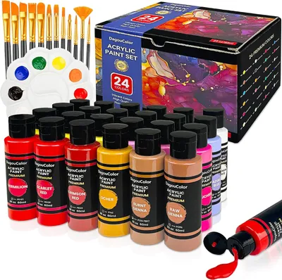 Imagen del producto de Set de pinturas acrílicas: incluye pinturas en botella, 12 pinceles, 1 paleta, y es un regalo ideal para artistas principiantes. Contiene 24 colores, con 60 ml por color