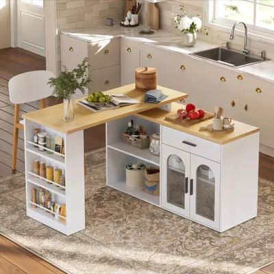 Productafbeelding van Keukeneiland met 360° draaitafel, opbergkast, barmeubel, lade en planken, MDF, zwart, 136x50x78 cm
