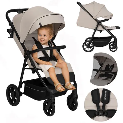 A collage of images showing a baby in a stroller, the stroller itself, and close-ups of its features.