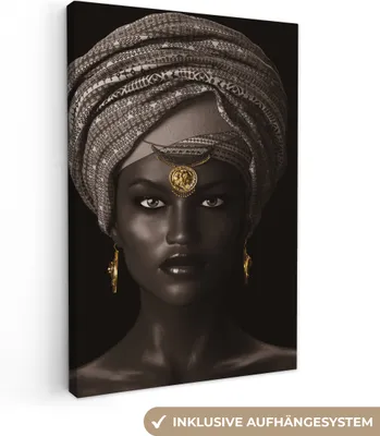 Produktbild von MuchoWow® - Leinwandbilder - Frau - Afrikanisch - Gold, Wandbild, Wanddeko Bilder Wohnzimmer, 60x90 cm