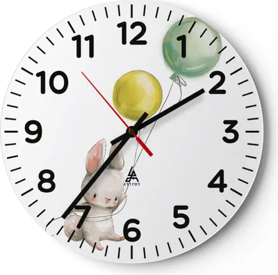 Produktbild von Wanduhr - Rund - Glasuhr - Häschen Luftballons Kinder - 40x40cm - Schleichendes Uhrwerk - Lautlos - zum Aufhängen bereit - Dekoration Modern - Wanddekoration aus Glas - C4AR40x40-4731