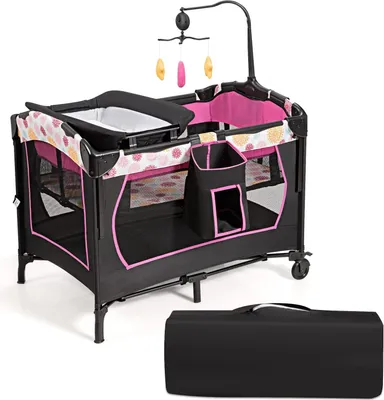 Produktbild von GOPLUS 3 in 1 klappbares Babyreisebett, Wickelauflage & Laufstall & Kinderbett, Reisebett auf Rollen, höhenverstellbare Matraze, ab Geburt bis 15 kg (Rosa)
