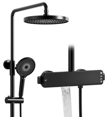 Produktbild von Duschsystem mit Thermostat 260 mm Regendusche Messing Edelstahl Schwarz