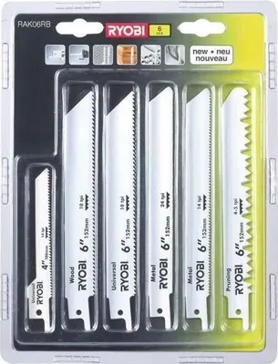 Zdjęcie produktu dla Brzeszczoty do pił szablastych RYOBI, 6 brzeszczotów do drewna i metalu, 100/152 mm, uniwersalne mocowanie