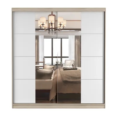 Produktbild von Schwebetürenschrank Kleiderschrank Schrank 203cm Sonoma/Weiß mit Spiegeln und Zierleisten Pola 38