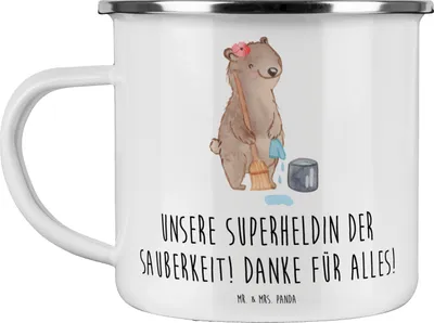 Produktbild von Mr. & Mrs. Panda Pott Putzfrau Superheldin - Weiß - Geschenk, Teetasse, Danke sagen, handgefertigt, Dankbarkeit, Campingtasse, Haferl, Emaille Becher, Aufmerksamkeit