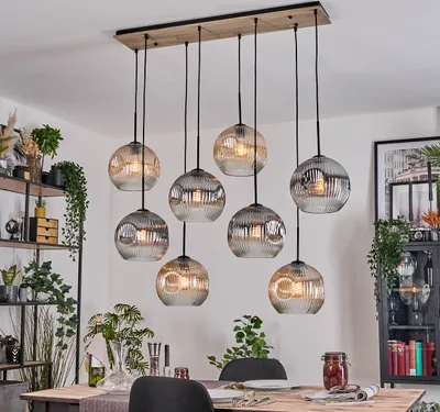 Produktbild von Cesaro Hängelampe Metall/Holz/Riffelglas, Schwarz/Natur/Rauch/Bernstein/Klar