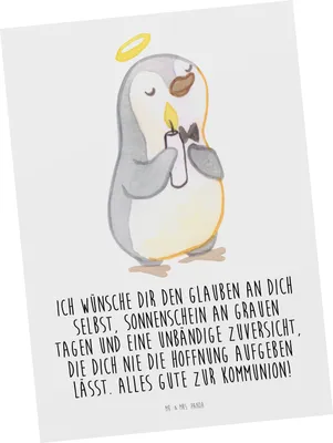 Produktbild von Mr. & Mrs. Panda Ansichtskarte Pinguin Kommunion - Weiß - Geschenk, Glauben, Sonnenschein, Grußkarte, bildkarte, Postkarten, Postkarte, einzelkarte, Dankeschön