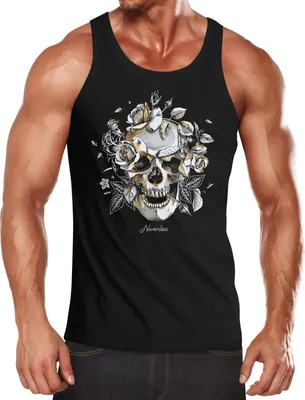 Produktbild von Herren Tank-Top Totenkopf Rosen Skull Roses Schädel Slim Fit Neverless® schwarz M