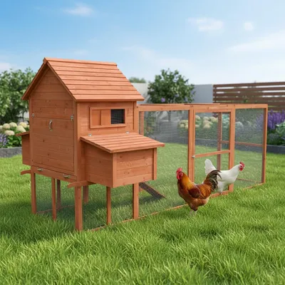A wooden chicken coop with an attached run, set in a grassy backyard with two chickens.