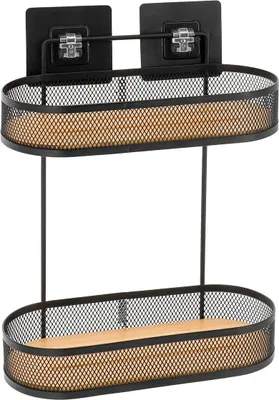 Produktbild von Ovales regal mit 2 metallebenen und bambusplatten auf 3m-klebekarten - schwarz bambus - Tendance