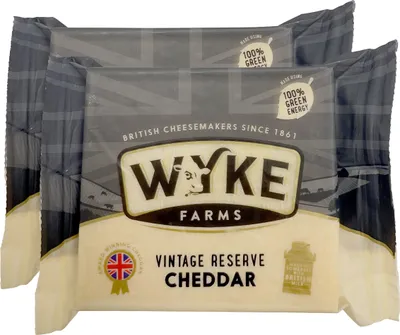 Produktbild von Food-United Vintage Reserve WHITE-CHEDDAR Cheese 2x200g Stück von WYKE-FARMS extra mature english cheddar cheese 15 Monate gereift englischer Hartkäse ideal für Käseplatten Pasta Fondue Burgern Saucen Pickles Trauben