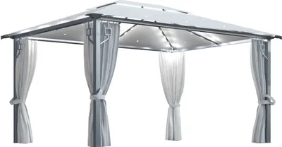 A white gazebo with curtains and LED lights.