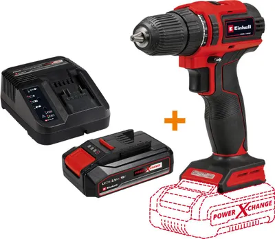 A cordless drill, battery, and charger are displayed against a white background.