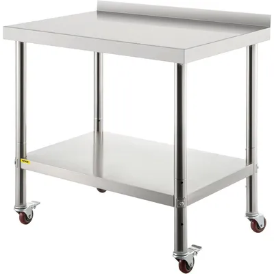 Produktbild von Edelstahl-Vorbereitungstisch, 76 x 61 x 89 cm, 200 kg Tragkraft – robuster Metall-Arbeitstisch mit Spritzschutz, verstellbarer Unterablage und 4 Rollen, gewerblicher Arbeitstisch für Küchen und Restaurants