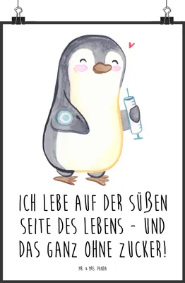 Produktbild von Mr. & Mrs. Panda Bild Pinguin Diabetes DIN A2 - Weiß - Geschenk, drucke, Zuckerkrankheit, Wandbild, Plakat, Mellitus, wanddeko, grafikposter