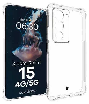 A clear plastic phone case is shown next to a smartphone displaying a jellyfish wallpaper and the phone's model information.