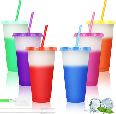 Produktbild von Wiederverwendbare farbwechselnde Becher 6 Stück BPA-freie Kunststoffbecherset 24 oz mit Strohhalmdeckel Smoothie Milkshake Flasche Magische kalte Getränkewasserbecher für Partys