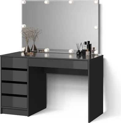 A black vanity table with a large mirror and LED lights, set against a white background.