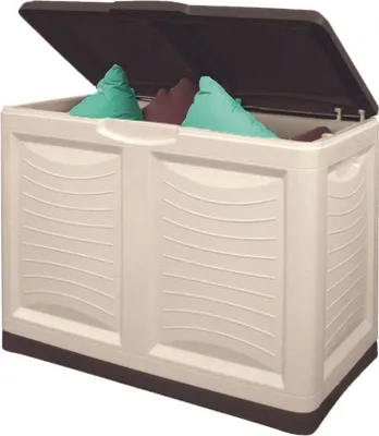 An open storage box filled with cushions.